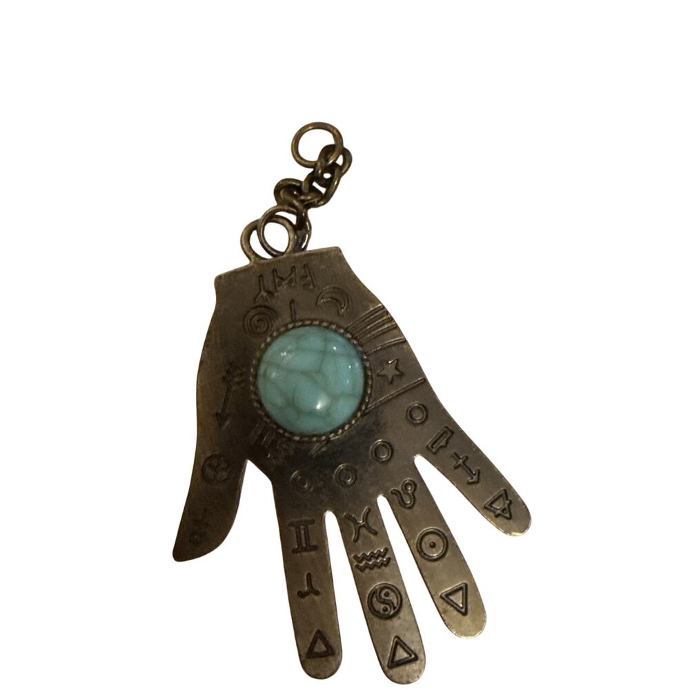Fatima Hand Necklace Imitation Turquoise,Silver Tone Hand Pendant , No Chain